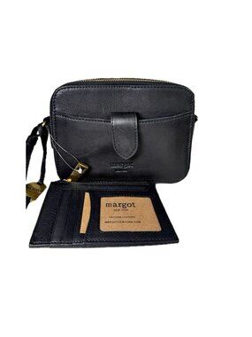 Margot Compact Crossbody Black Leather Bag & Wallet Brass Zippers Pockets NEW